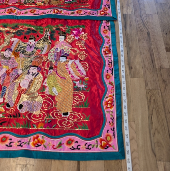 VTG Chinese Silk Altar Banner Eight Immortals Gold Silver Threads Red Pink Green - Picture 9 of 14